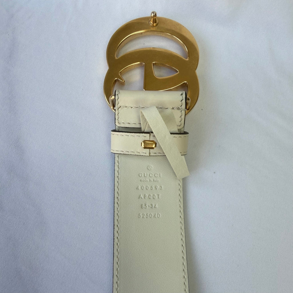 Gucci GG Marmont 24k Gold Buckle Cream Leather Belt 4cm 85cm 34” 400593