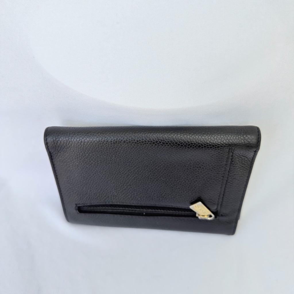 Chanel CC Logo Caviar Skin Trifold Wallet Black Leather Zipper Medium