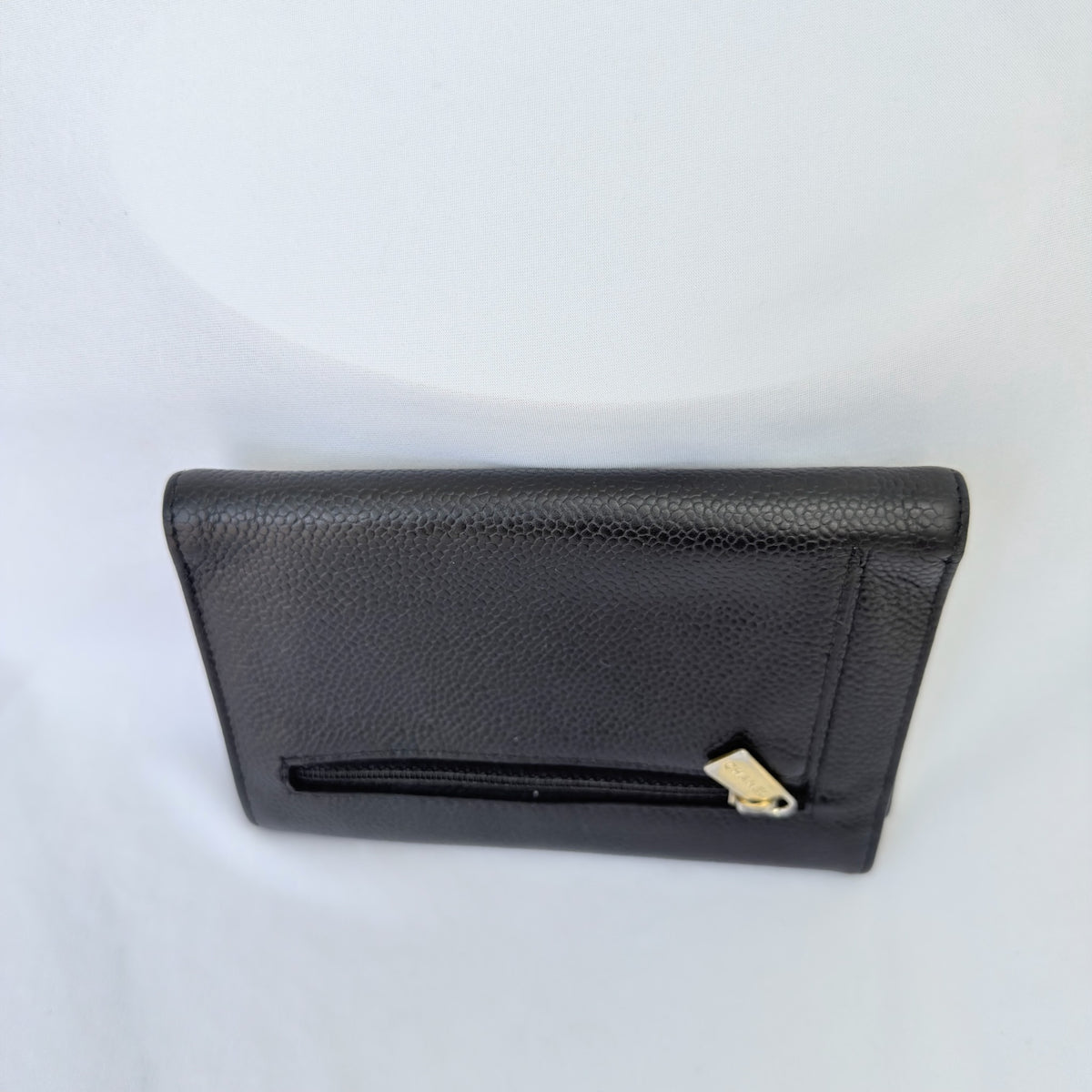 Chanel CC Logo Caviar Skin Trifold Wallet Black Leather Zipper Medium