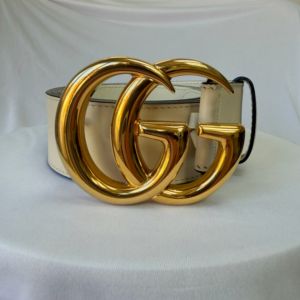 Gucci GG Marmont 24k Gold Buckle Cream Leather Belt 4cm 85cm 34” 400593
