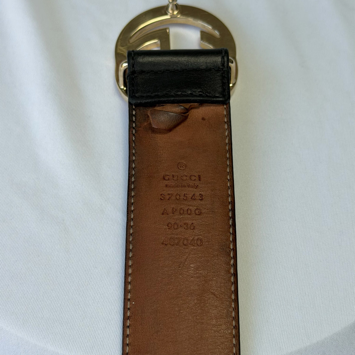 Gucci Interlocking G 24K Gold Plated Black Leather Belt 3.5cm width 36” 370543
