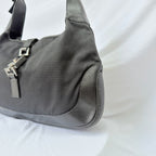 Vintage Gucci Jackie Small Handbag Black Leather And Nylon Piston Push-Lock Silver Closure Single Adjustable Strap