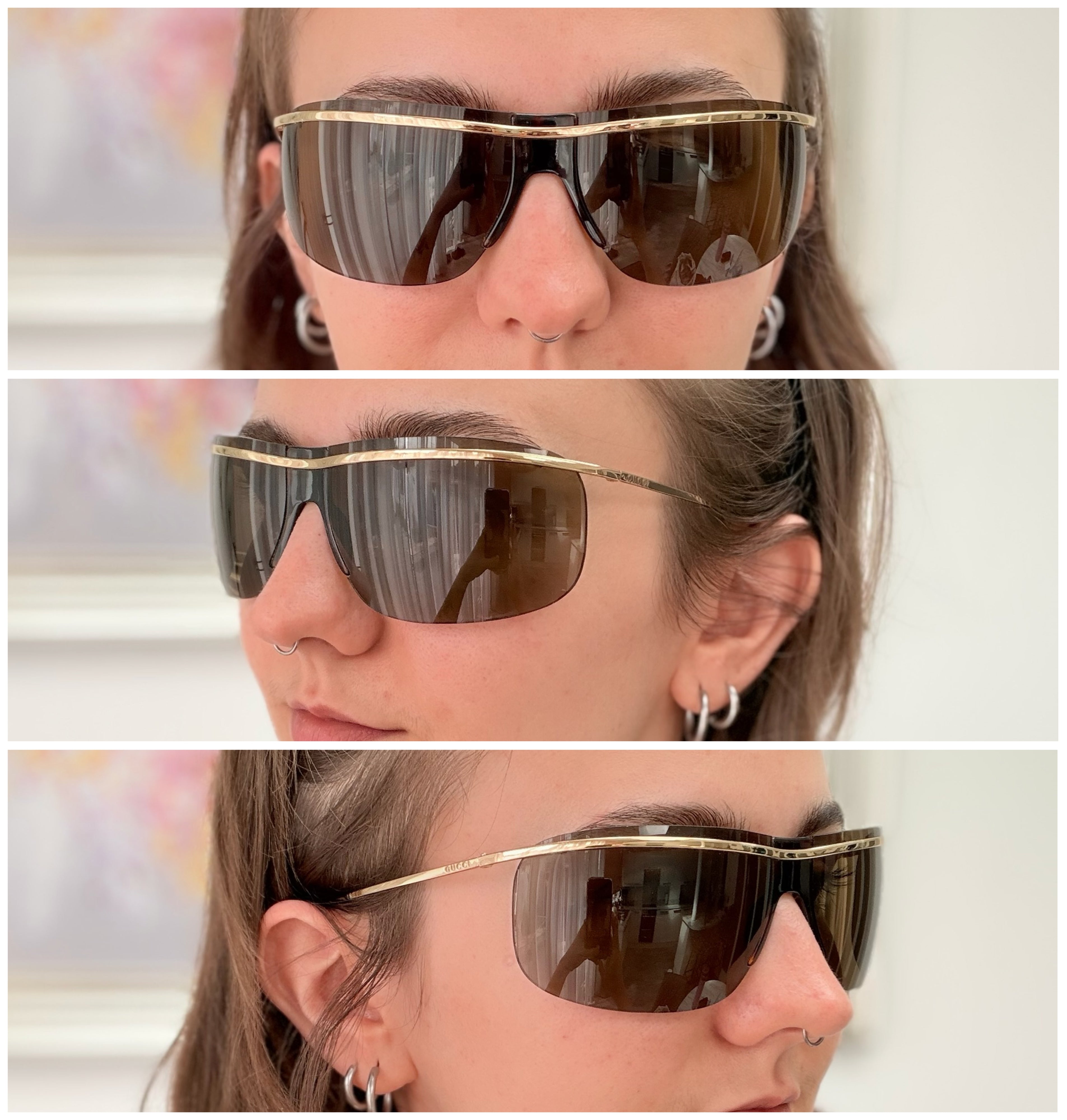 Vintage Gucci GG1870/S J5G6J Brown Gold Rimless Shield Wrap Sunglasses With Case