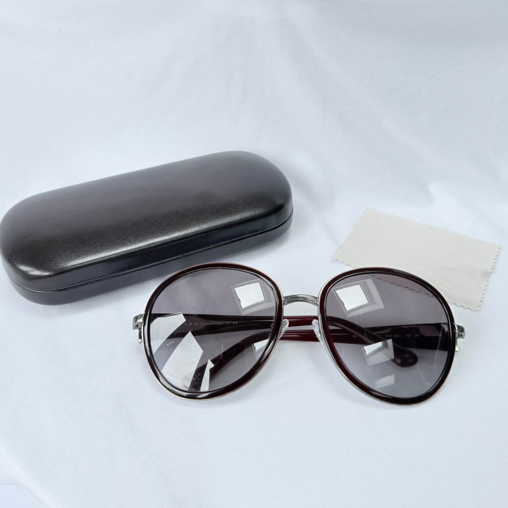Prada SPR 51N Burgundy Red Striped Arms Oversized Oval Round Women’s Sunglasses