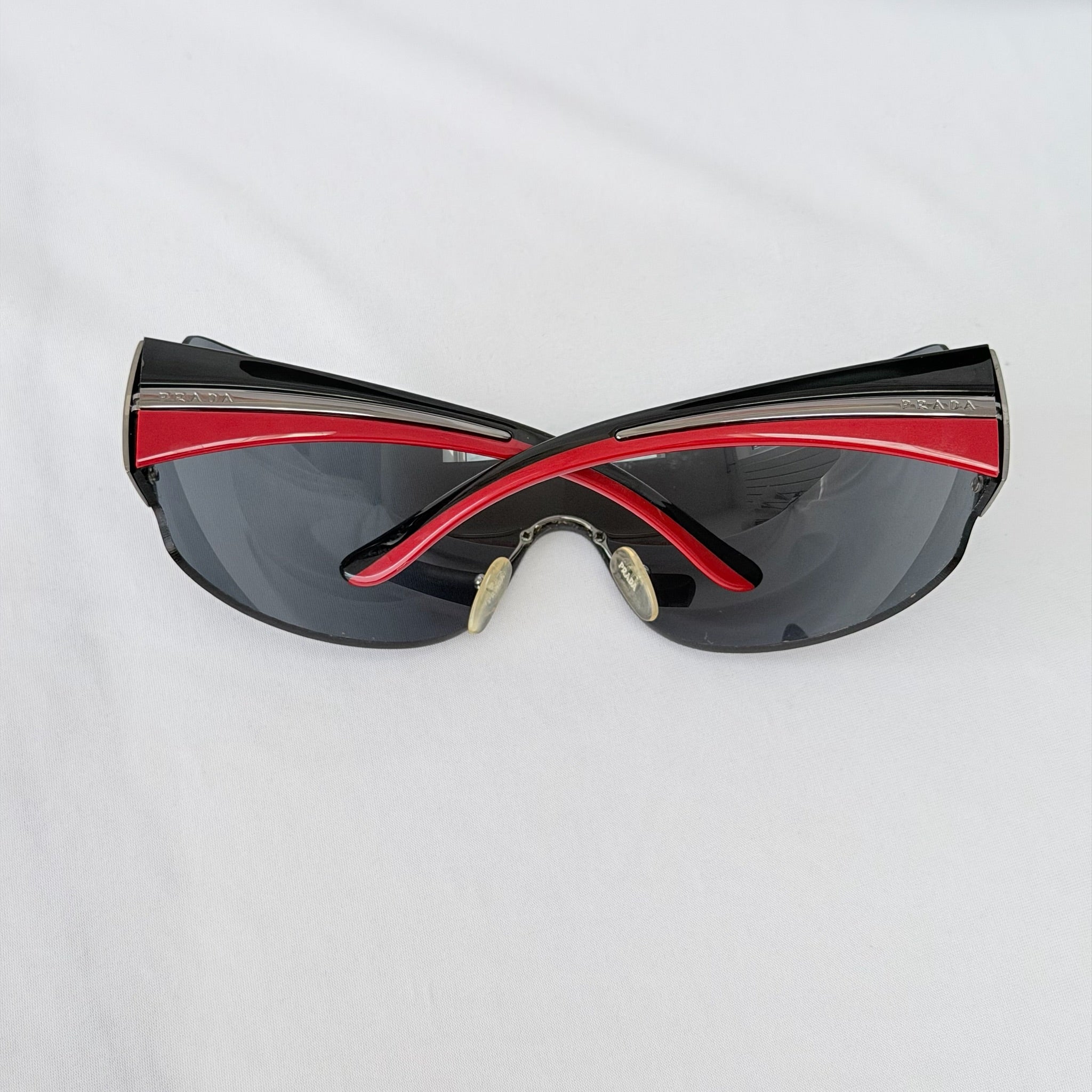 Vintage Prada Wrap Shield Red, Silver & Black Unisex Sunglasses SPR 54G With Case