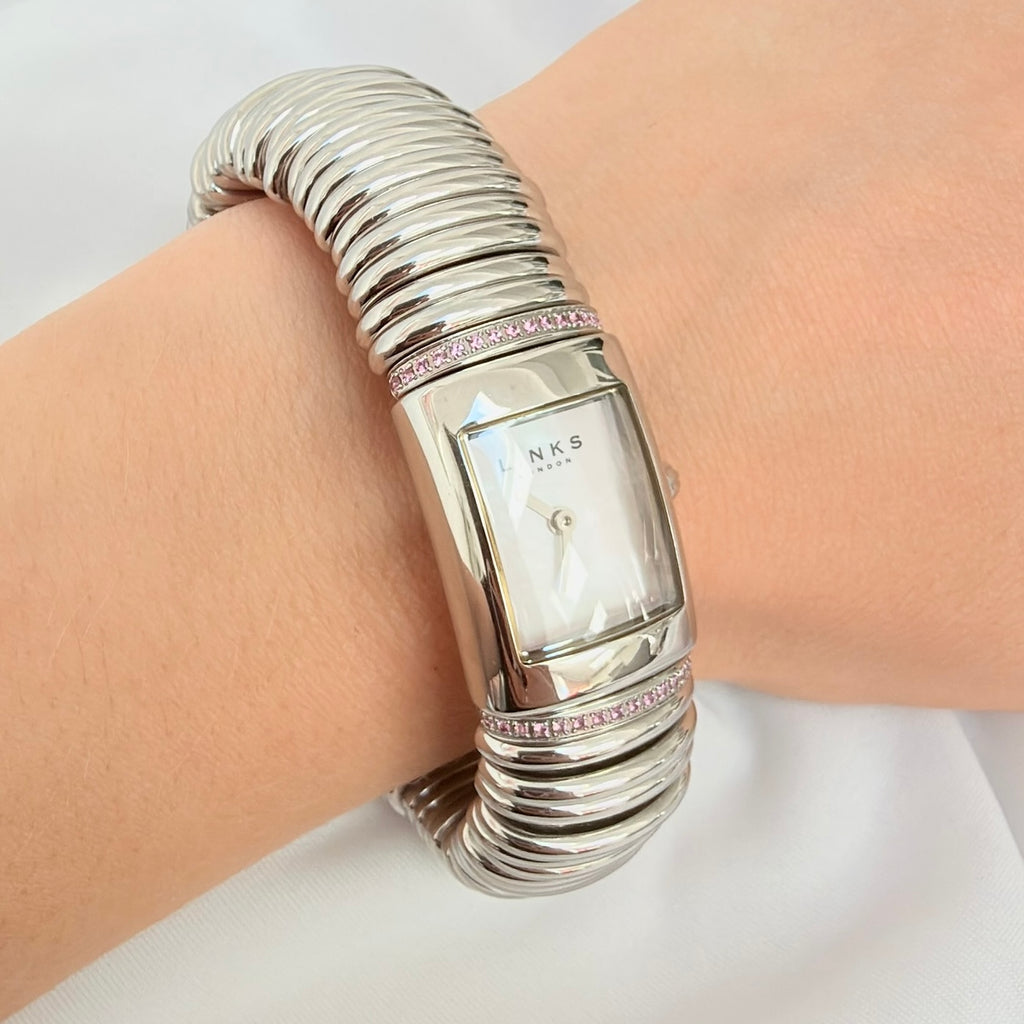 Links Of London Sweetie Watch Silver Pink Diamantés Elasticated Strap Iridescent Watch Face With Packaging 17cm