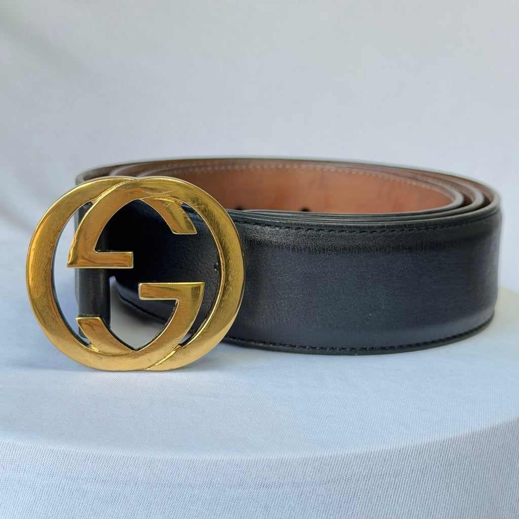 Gucci Interlocking G 24K Gold Plated Black Leather Belt 3.5cm width 36” 370543