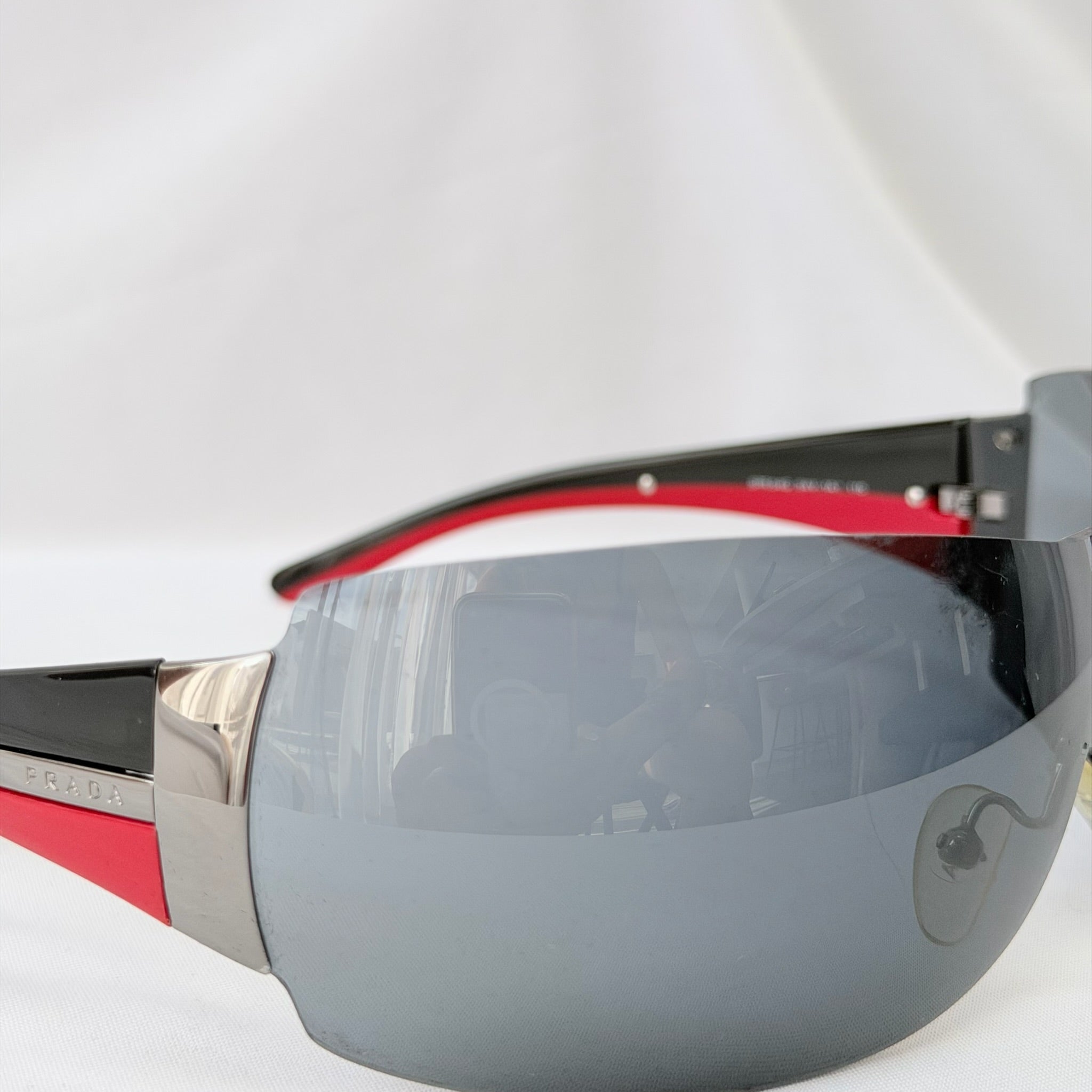 Vintage Prada Wrap Shield Red, Silver & Black Unisex Sunglasses SPR 54G With Case