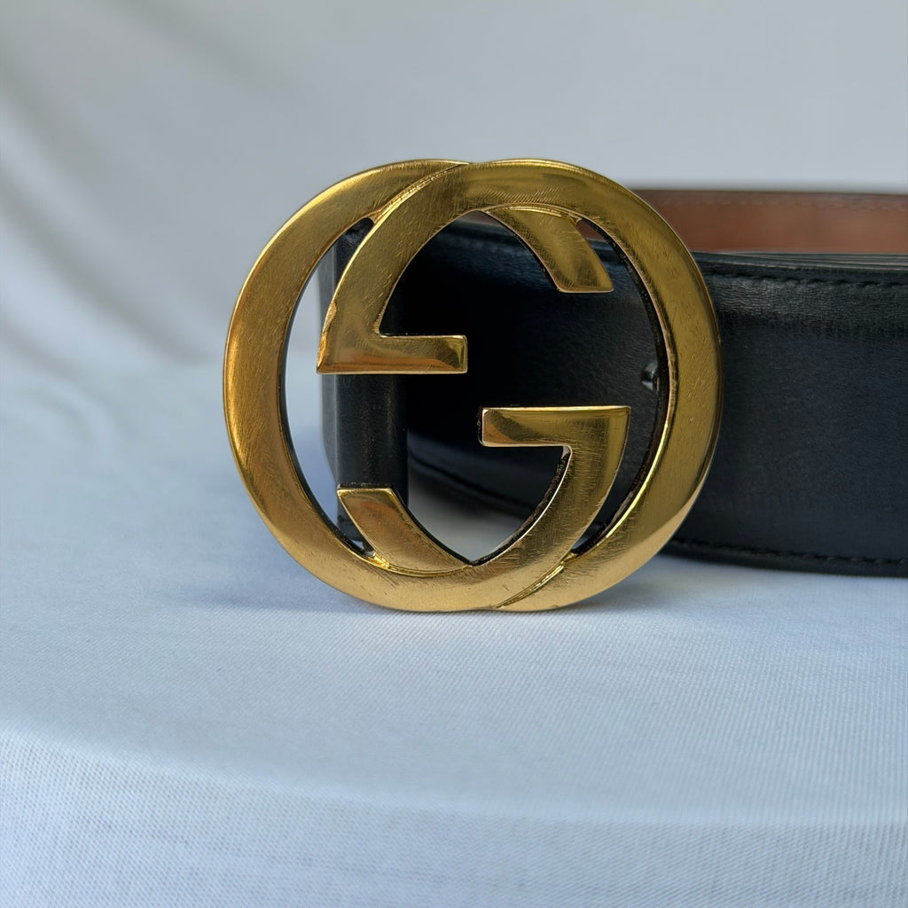 Gucci Interlocking G 24K Gold Plated Black Leather Belt 3.5cm width 36” 370543