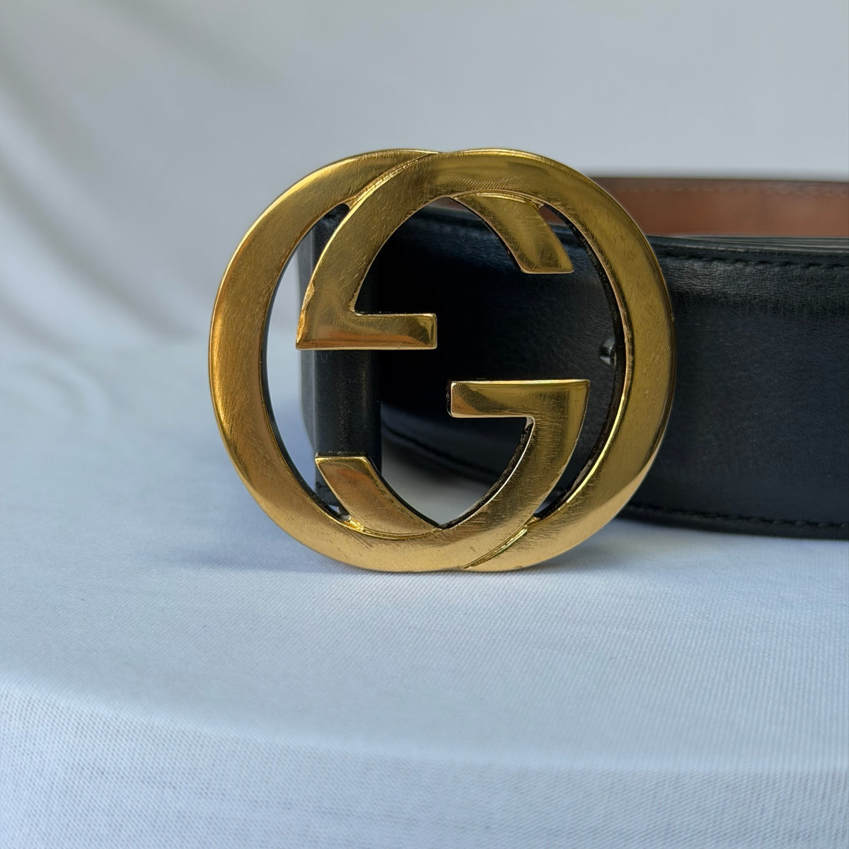 Gucci Interlocking G 24K Gold Plated Black Leather Belt 3.5cm width 36” 370543