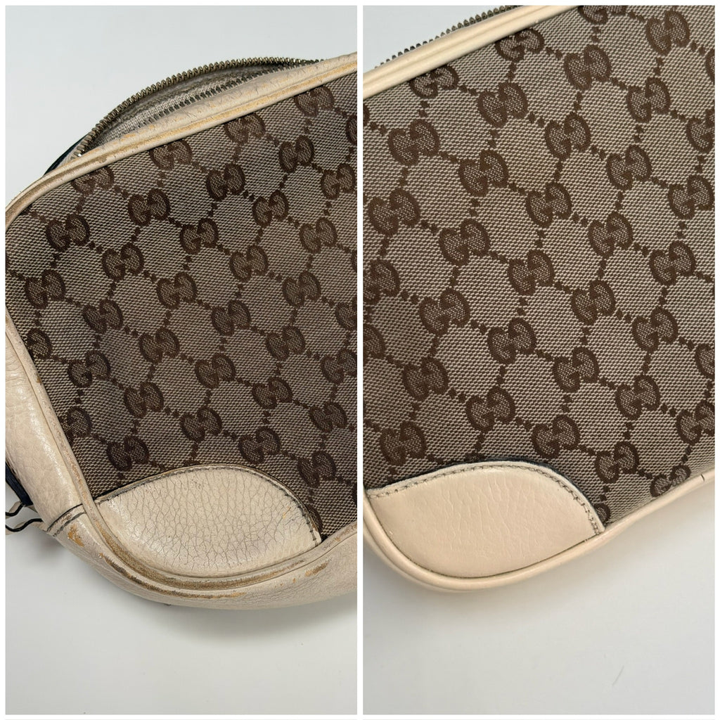 Authentic Gucci GG Bree Cream Leather Brown Canvas Crossbody Women's Bag With Dust bag