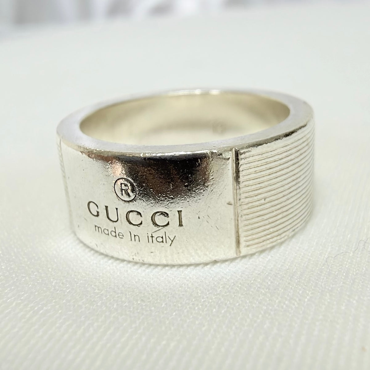 Gucci Sterling Silver 925 Wide 12mm Band Trademarked Ring Size 13, UK M/N, EU 53