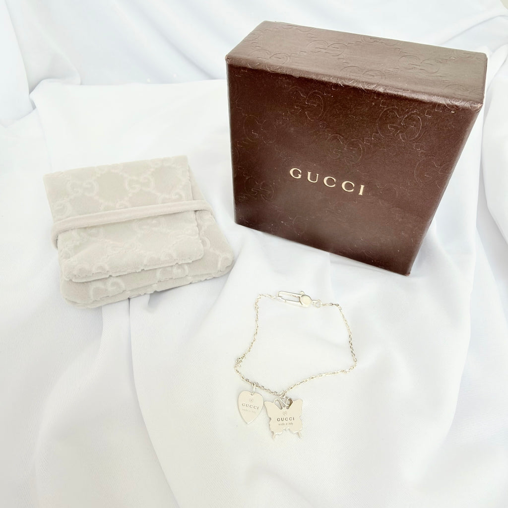 Gucci Heart Butterfly Charm Sterling Silver 925 Women's Bracelet 17cm With Packaging