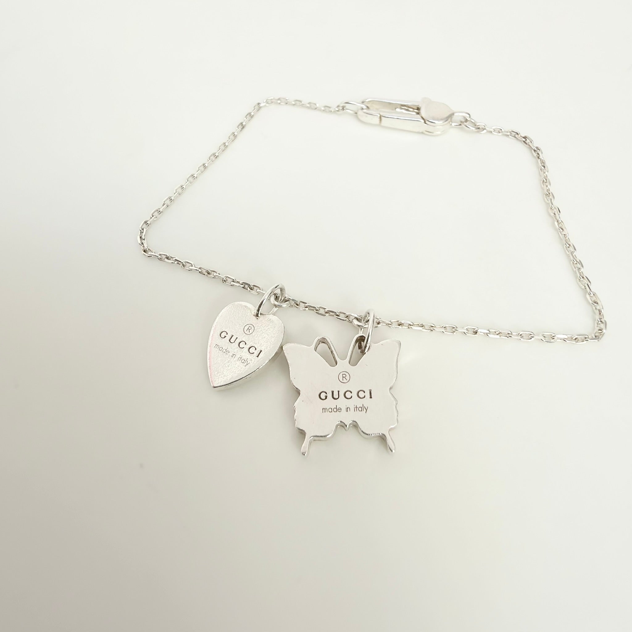 Gucci Heart Butterfly Charm Sterling Silver 925 Women's Bracelet 17cm With Packaging