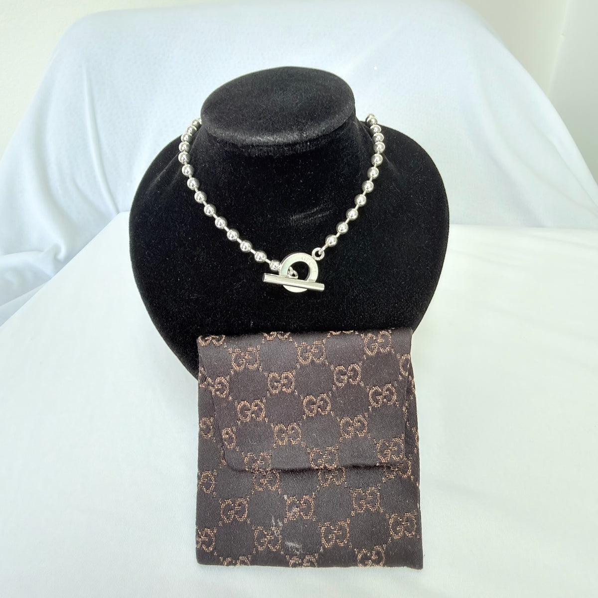 Gucci Vintage Boule Popcorn Necklace Toggle Sterling Silver 925 Women's 15 inches With Pouch