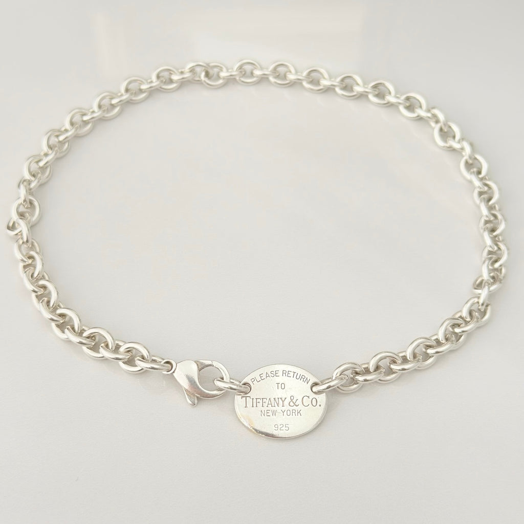 Authentic Tiffany & Co. Sterling Silver 925 Oval Pendant Choker Necklace With Packaging 15 inches