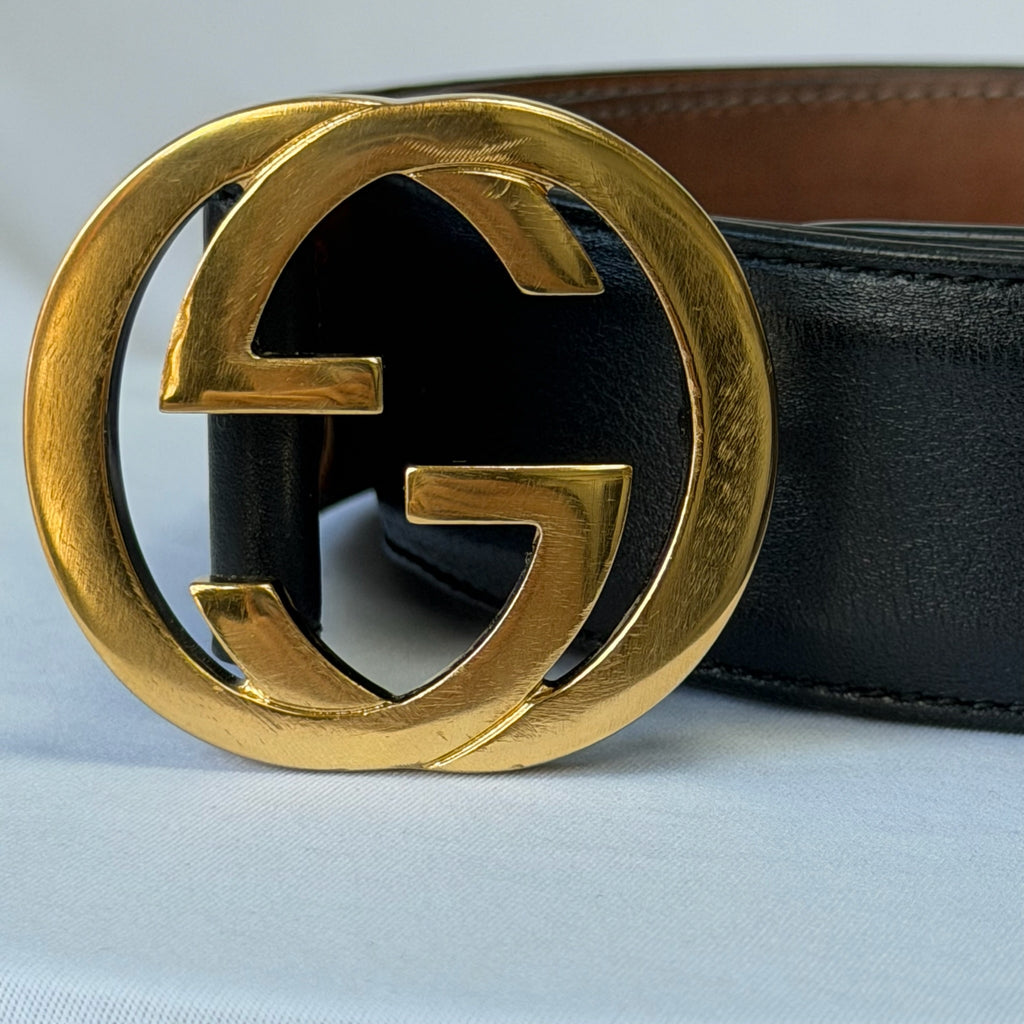 Gucci Interlocking G 24K Gold Plated Black Leather Belt 3.5cm width 36” 370543