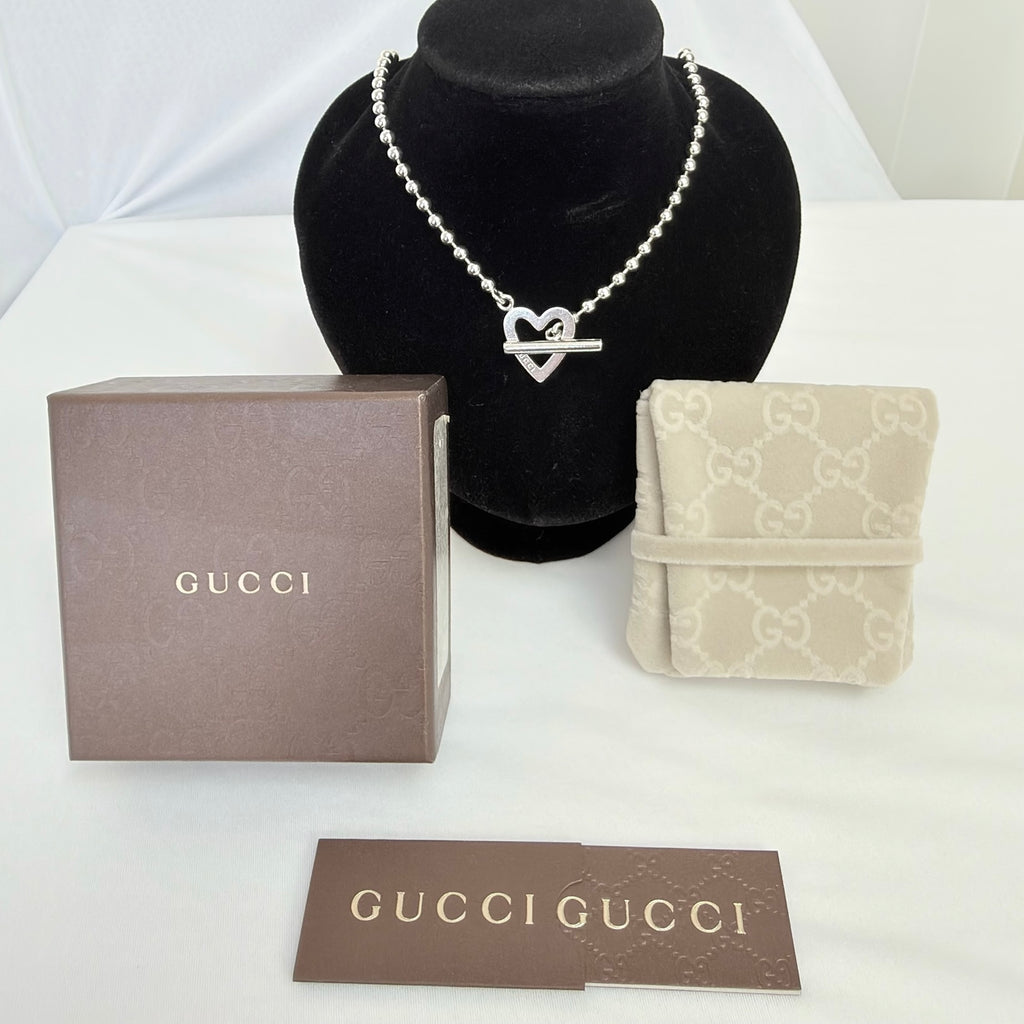 Gucci Heart Boule Popcorn Necklace T Bar Toggle Sterling Silver 925 15.5 Inches With Packaging