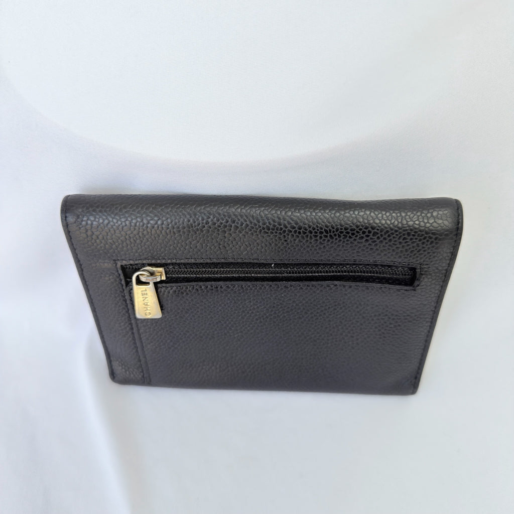 Chanel CC Logo Caviar Skin Trifold Wallet Black Leather Zipper Medium