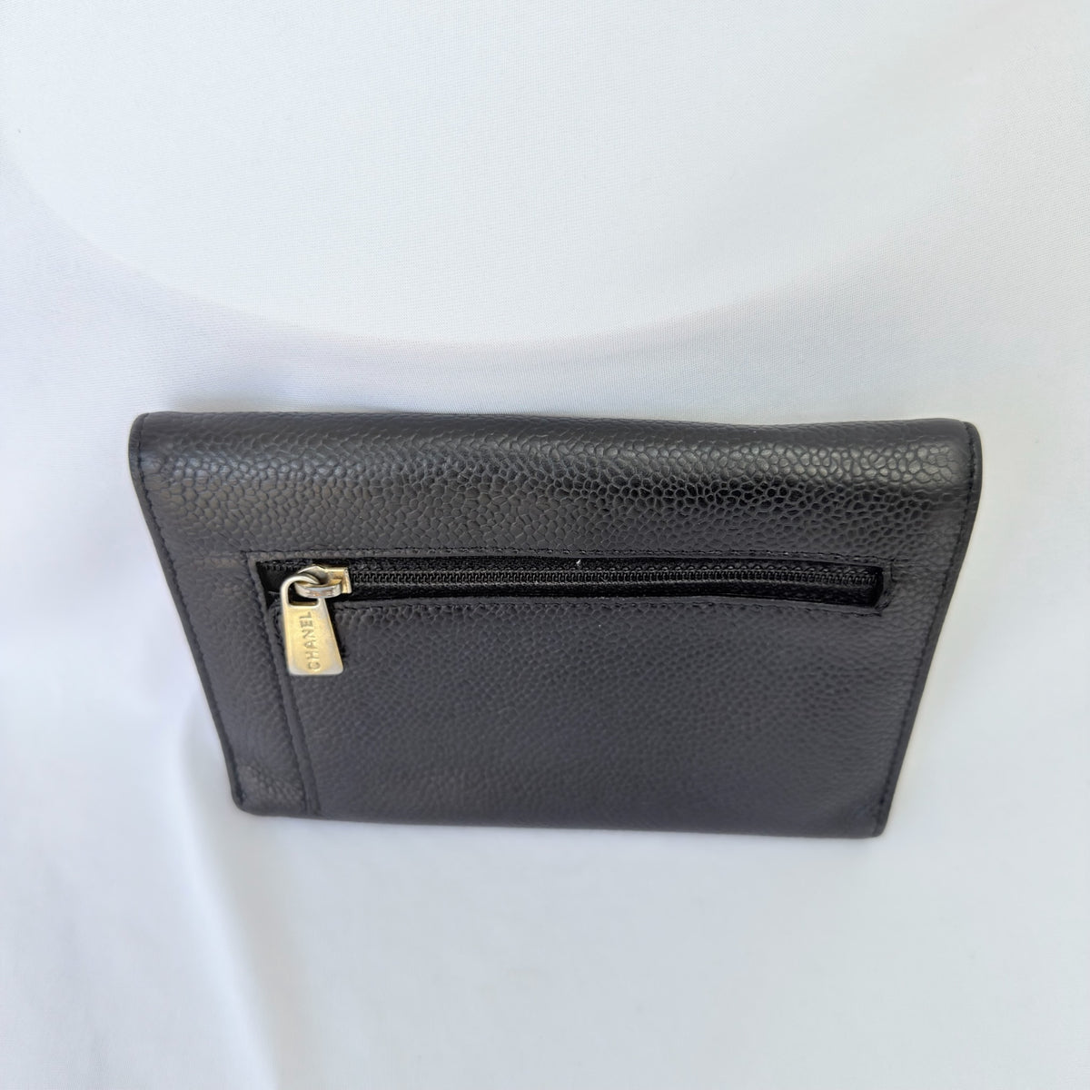 Chanel CC Logo Caviar Skin Trifold Wallet Black Leather Zipper Medium