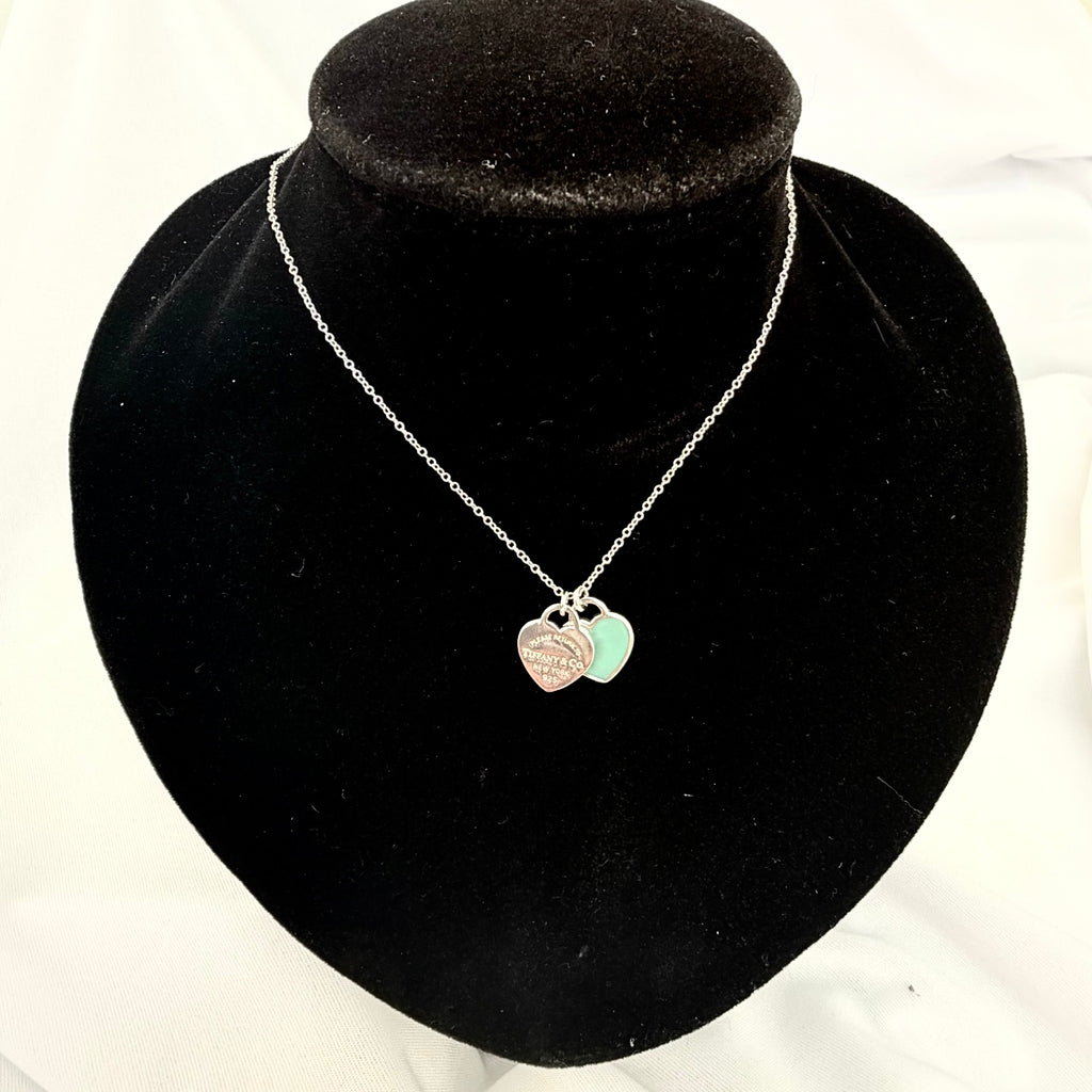 Tiffany & Co. Return to Mini Double Blue Heart Women's Necklace 16 Inches Sterling Silver 925