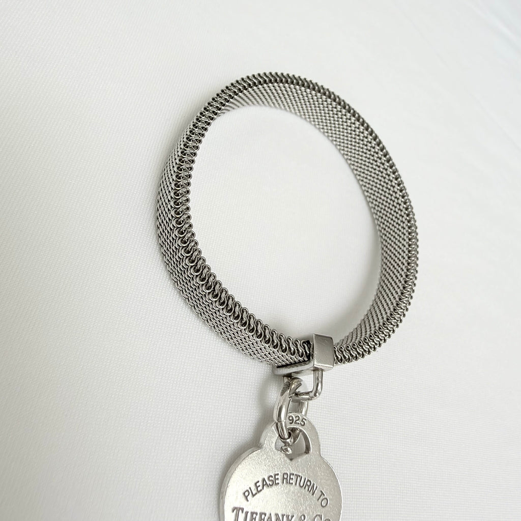 Tiffany&Co. Somerset Stretch Mesh Stainless Steel Bracelet With Sterling Silver 925 Clasp Medium Heart 16cm With Packaging