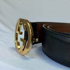 Gucci Interlocking G 24K Gold Plated Black Leather Belt 3.5cm width 36” 370543