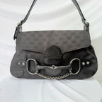 Vintage Gucci Horsebit Black Monogram Canvas Medium Shoulder Handbag Tom Ford Era 2004