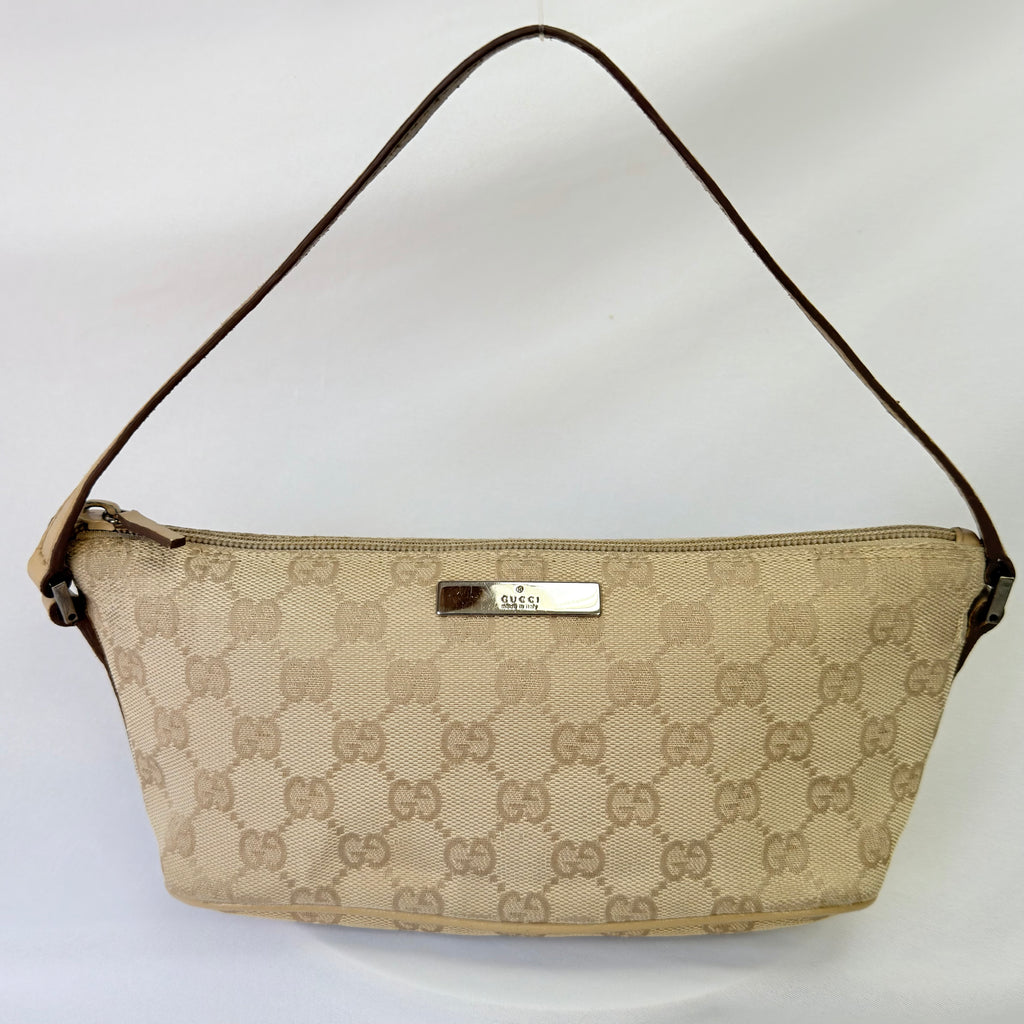 Vintage Y2k Gucci Beige GG Monogram Canvas Small Boat Pochette Shoulder Handbag