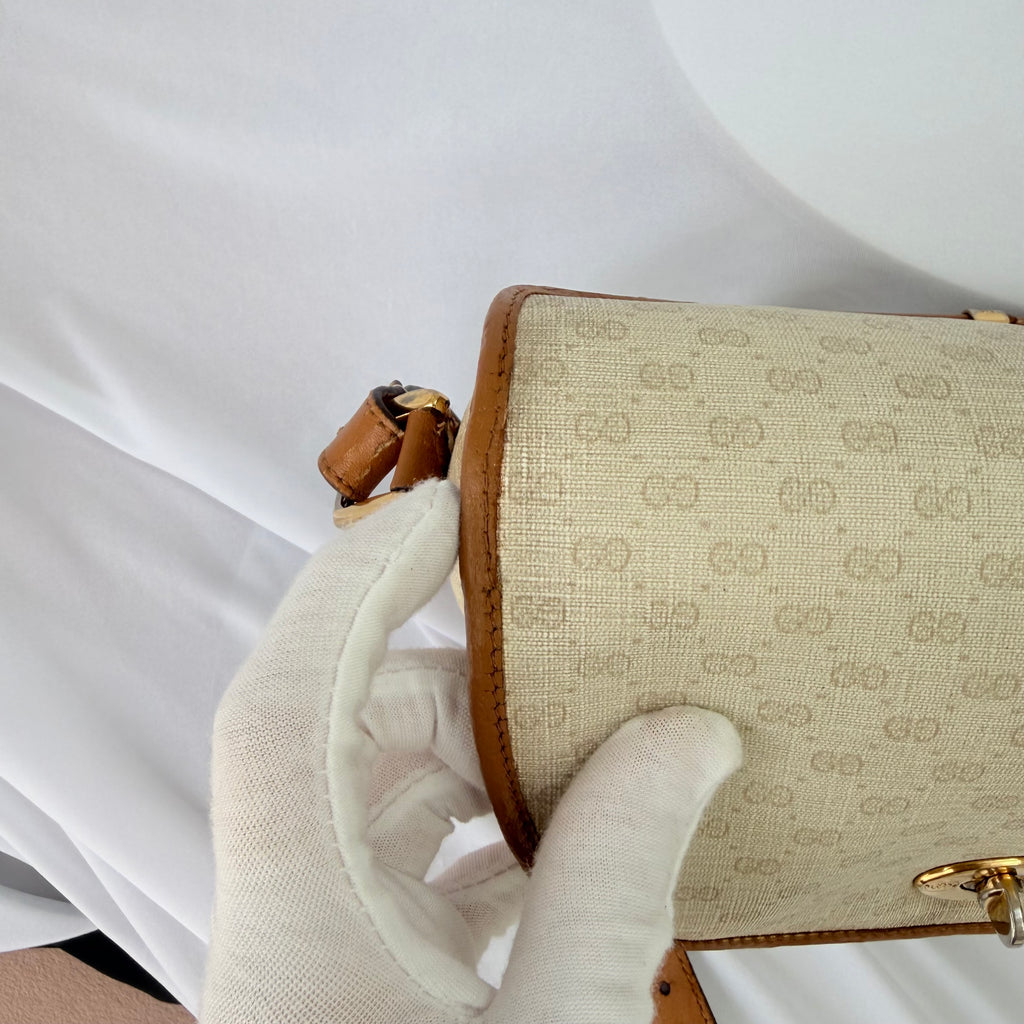 Vintage Gucci GG Supreme Monogram Small Leather Coated Canvas Beige Tan Cream Crossbody Turn Lock Handbag