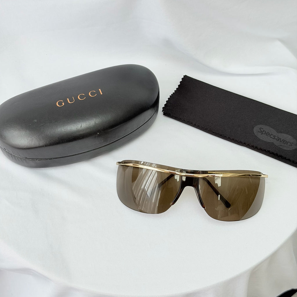 Vintage Gucci GG1870/S J5G6J Brown Gold Rimless Shield Wrap Sunglasses With Case