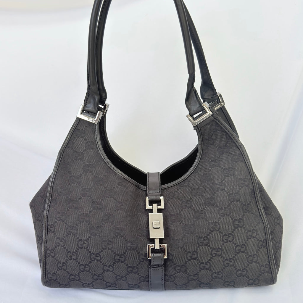 Vintage Gucci Jackie Bardot Medium Size GG Monogram Canvas Leather Black Handbag With Dustbag