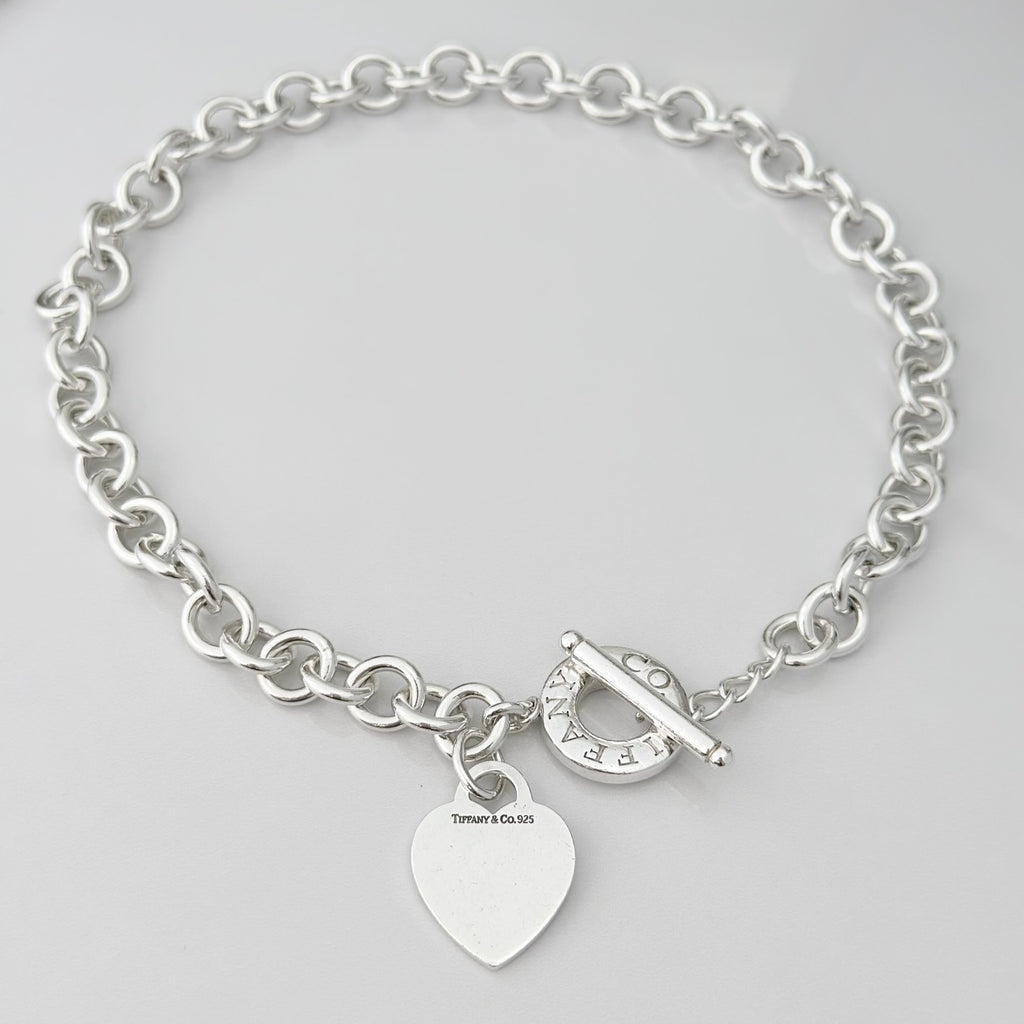Authentic Vintage Tiffany & Co. Sterling Silver 925 Toggle Heart Pendant Choker Necklace With Pouch 16 inches