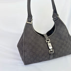 Vintage Gucci Jackie Bardot Medium Size GG Monogram Canvas Leather Black Handbag With Dustbag