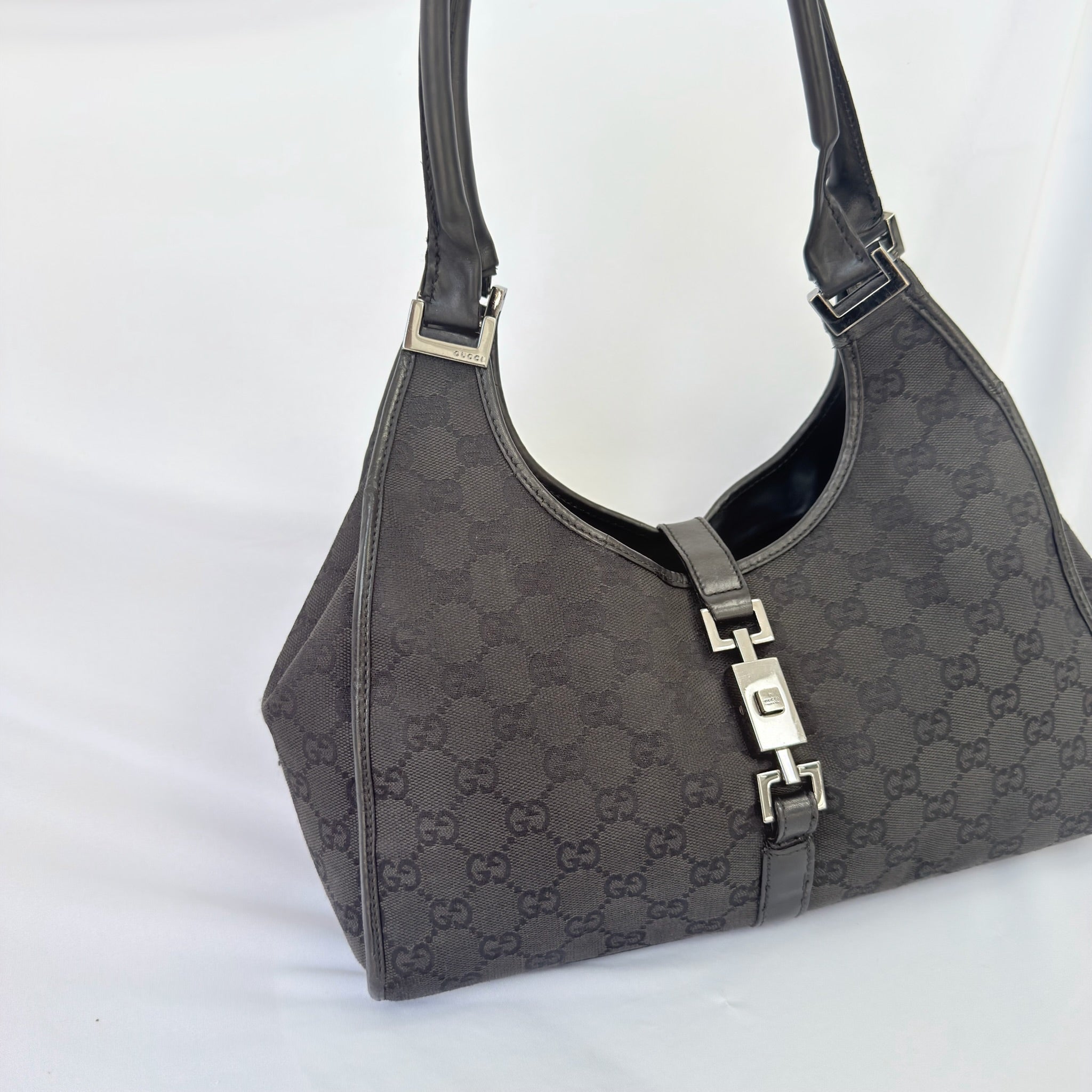 Vintage Gucci Jackie Bardot Medium Size GG Monogram Canvas Leather Black Handbag With Dustbag