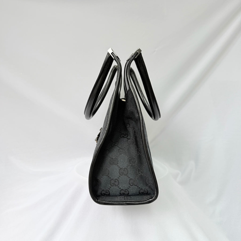 Authentic Vintage Gucci Jackie Bardot Black Monogram Supreme Gg Canvas Leather Medium Handbag