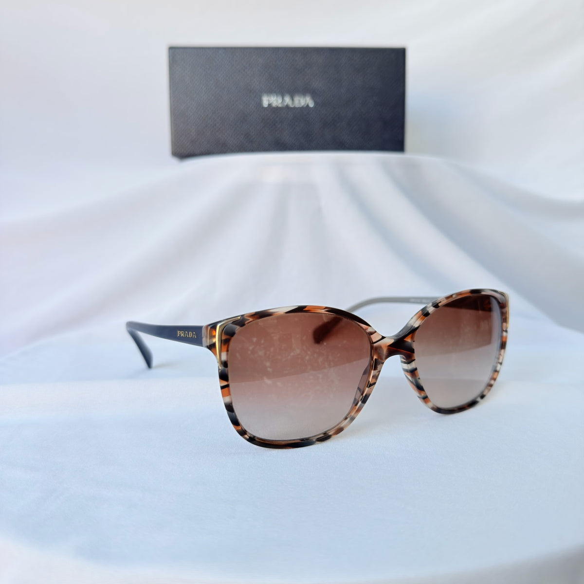 Prada Cat Eye Square Metal Corners Women's Sunglasses Blue Marble SPR 01O With Packaging