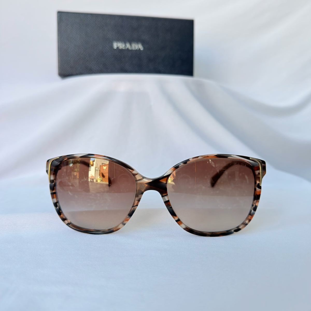 Prada Cat Eye Square Metal Corners Women's Sunglasses Blue Marble SPR 01O With Packaging