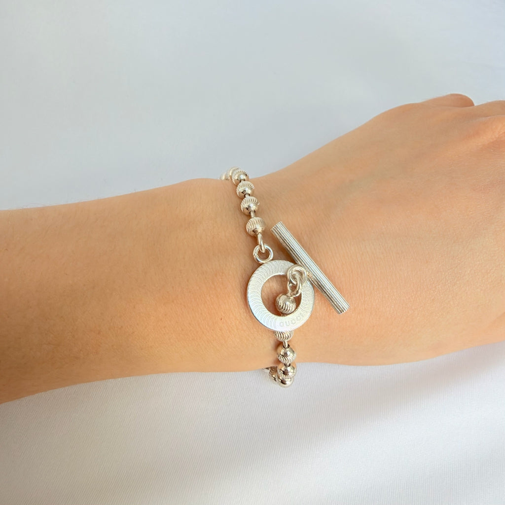 Gucci Swirl Stripe Boule Popcorn Bracelet Toggle Sterling Silver 925 Women 19cm