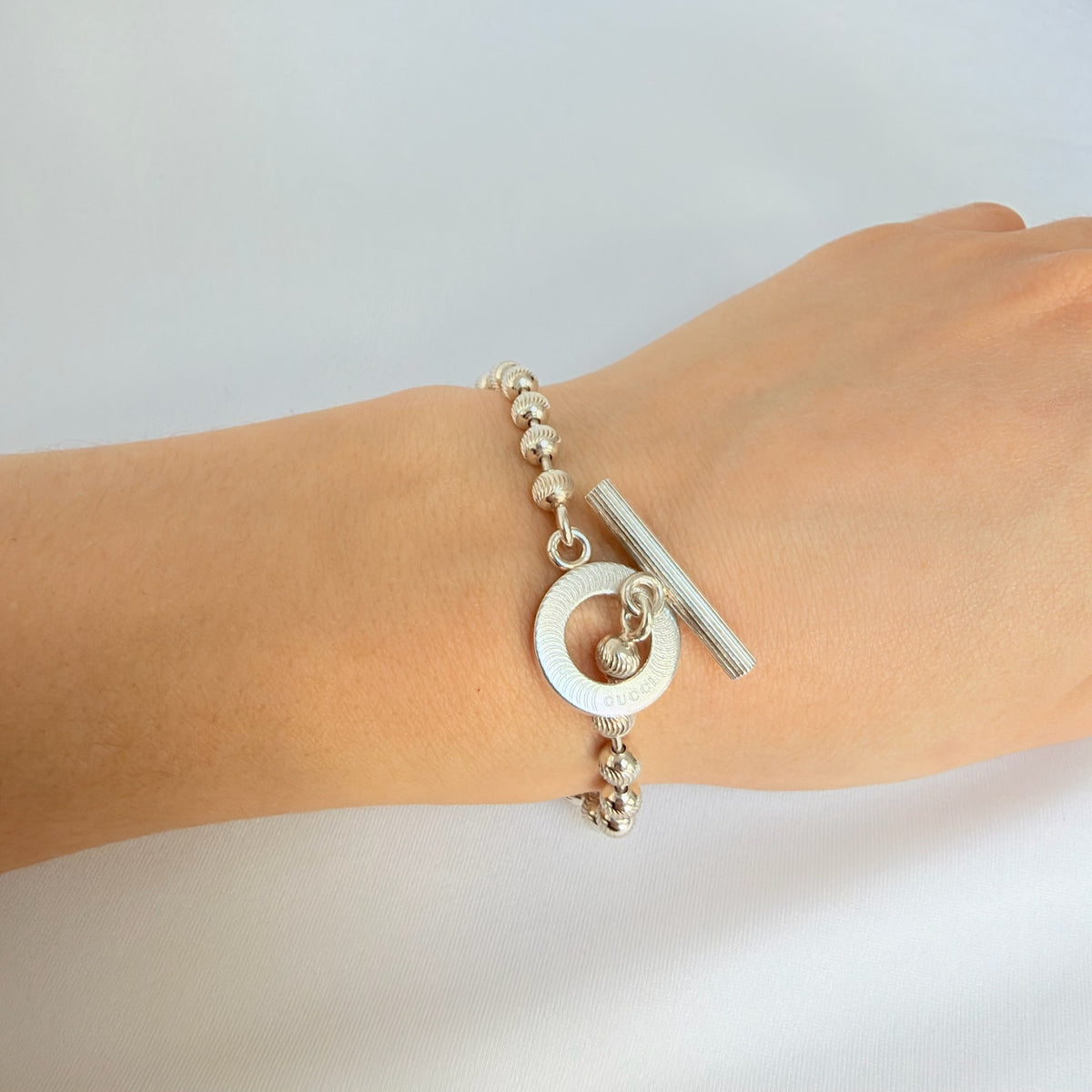 Gucci Swirl Stripe Boule Popcorn Bracelet Toggle Sterling Silver 925 Women 19cm
