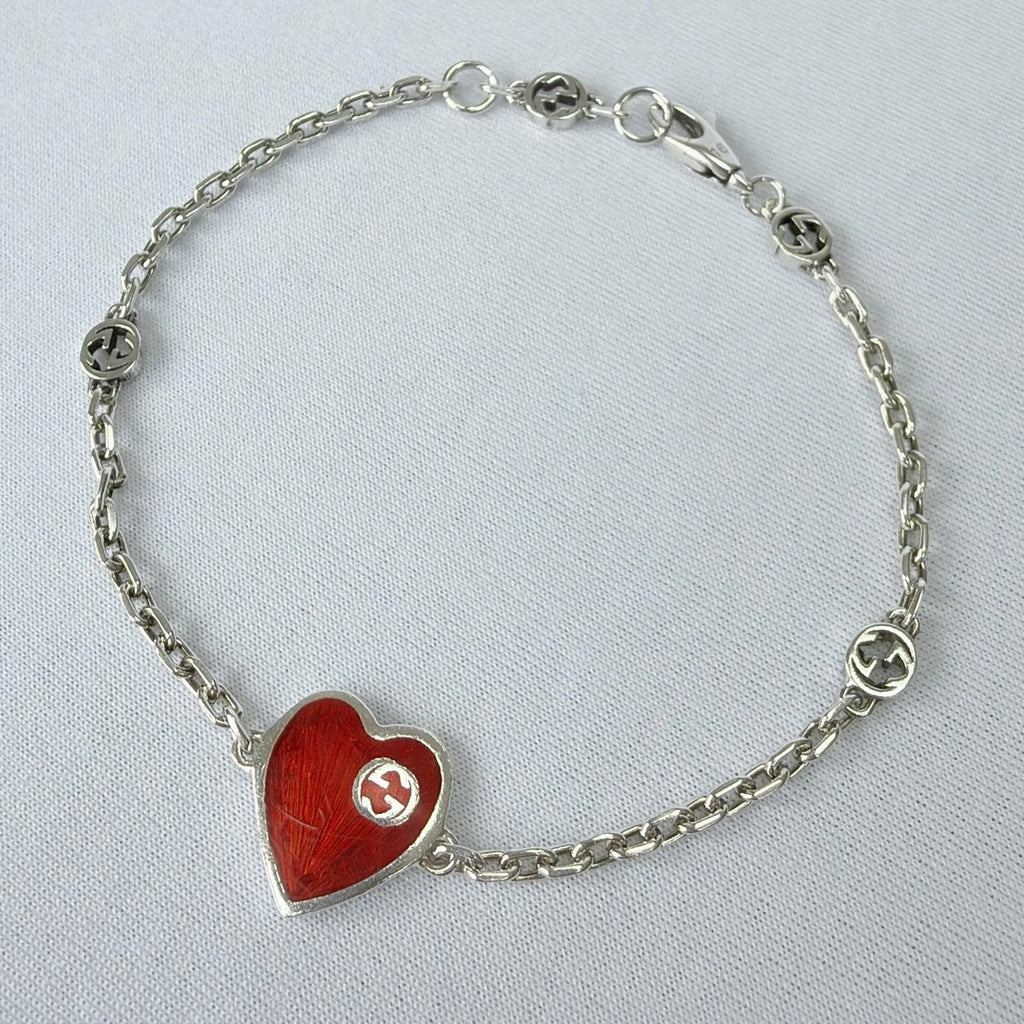 Gucci Red Heart Interlocking GG Bracelet Sterling Silver 925 16cm With packaging