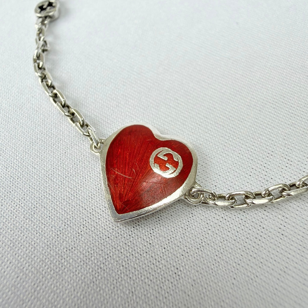 Gucci Red Heart Interlocking GG Bracelet Sterling Silver 925 16cm With packaging