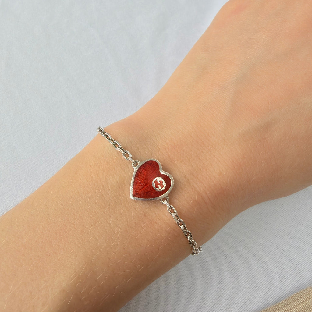 Gucci Red Heart Interlocking GG Bracelet Sterling Silver 925 16cm With packaging