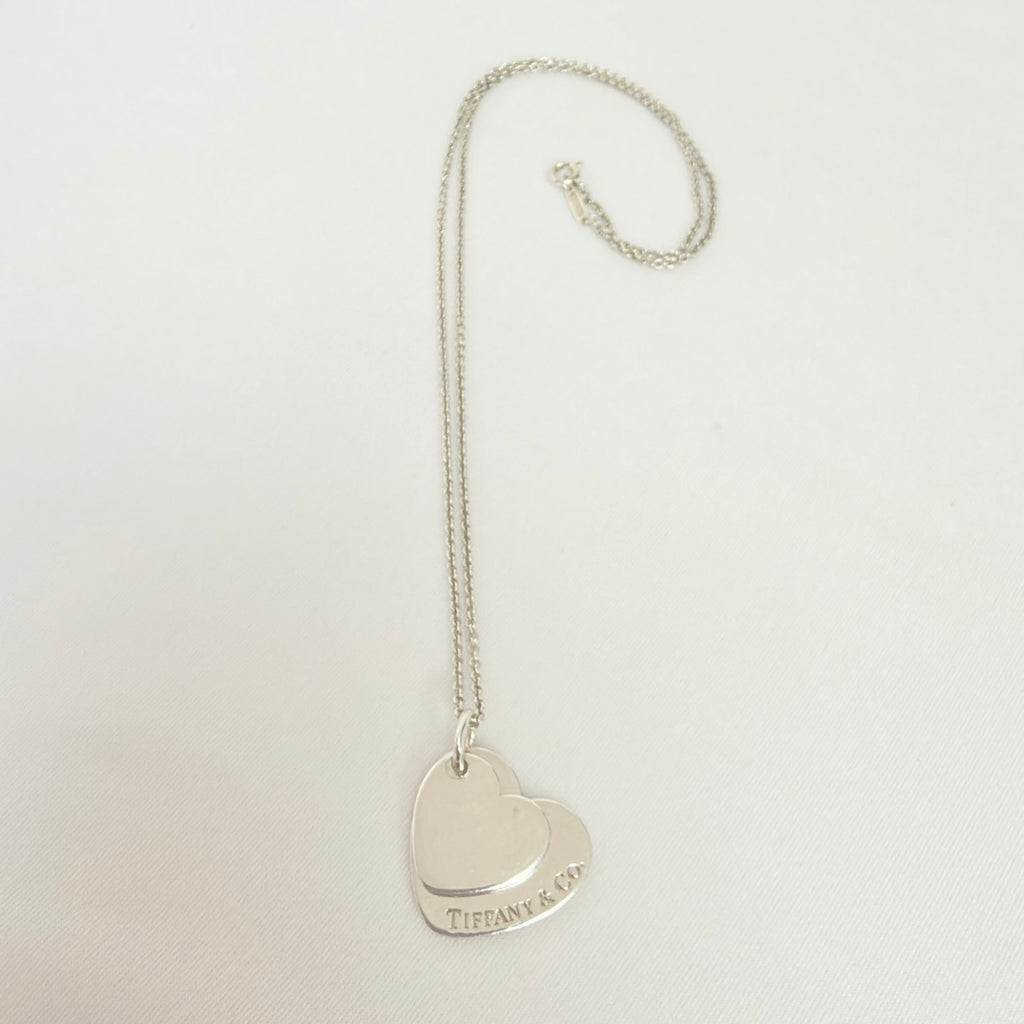 Tiffany&Co. Vintage Double Stacking Heart Sterling Silver 925 Necklace With Pouch