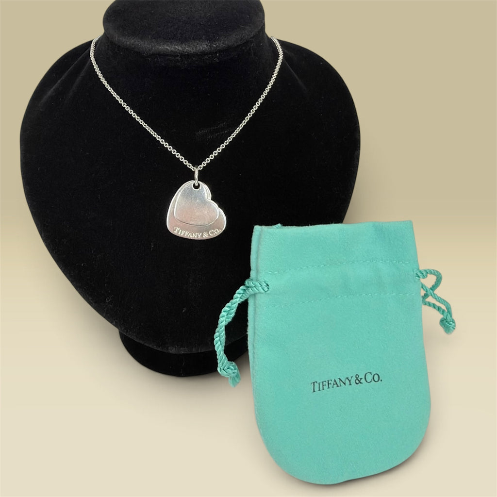 Tiffany&Co. Vintage Double Stacking Heart Sterling Silver 925 Necklace With Pouch