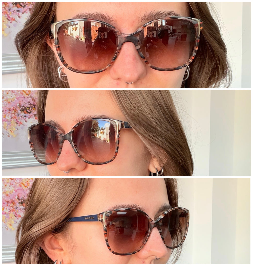 Prada Cat Eye Square Metal Corners Women's Sunglasses Blue Marble SPR 01O With Packaging